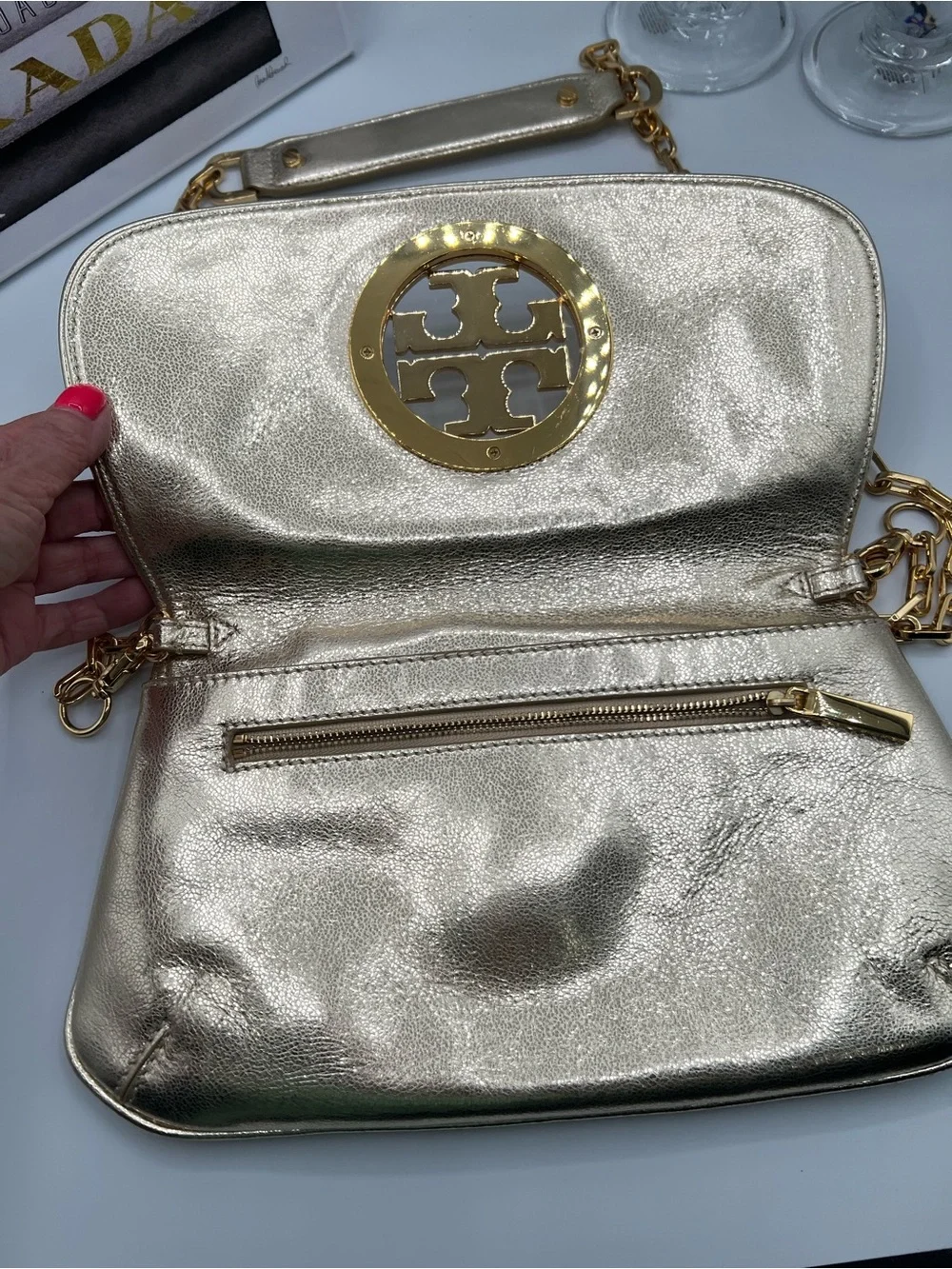 Tory Burch Gold Metallic Leather Clutch & Crossbody Bag